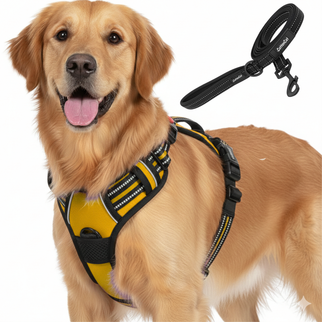 Dog Cat No Pull Harness With Reflective Leash Yellow