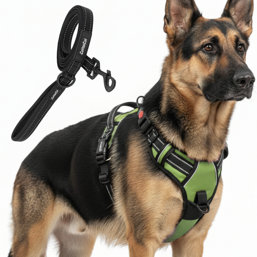 Dog Cat No Pull Harness With Reflective Leash Green